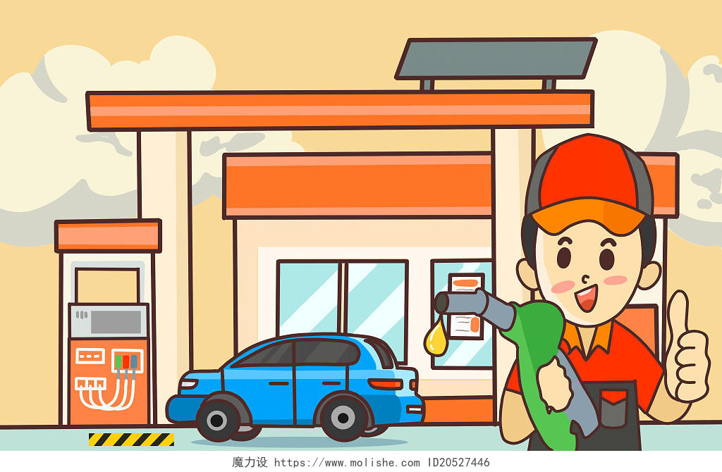 扁平卡通加油站加油员汽车插画素材加油站插画